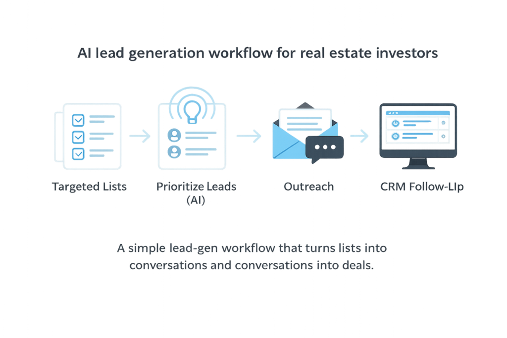 AI lead generation workflow for real estate investors: lists, prioritization, outreach, and follow-up