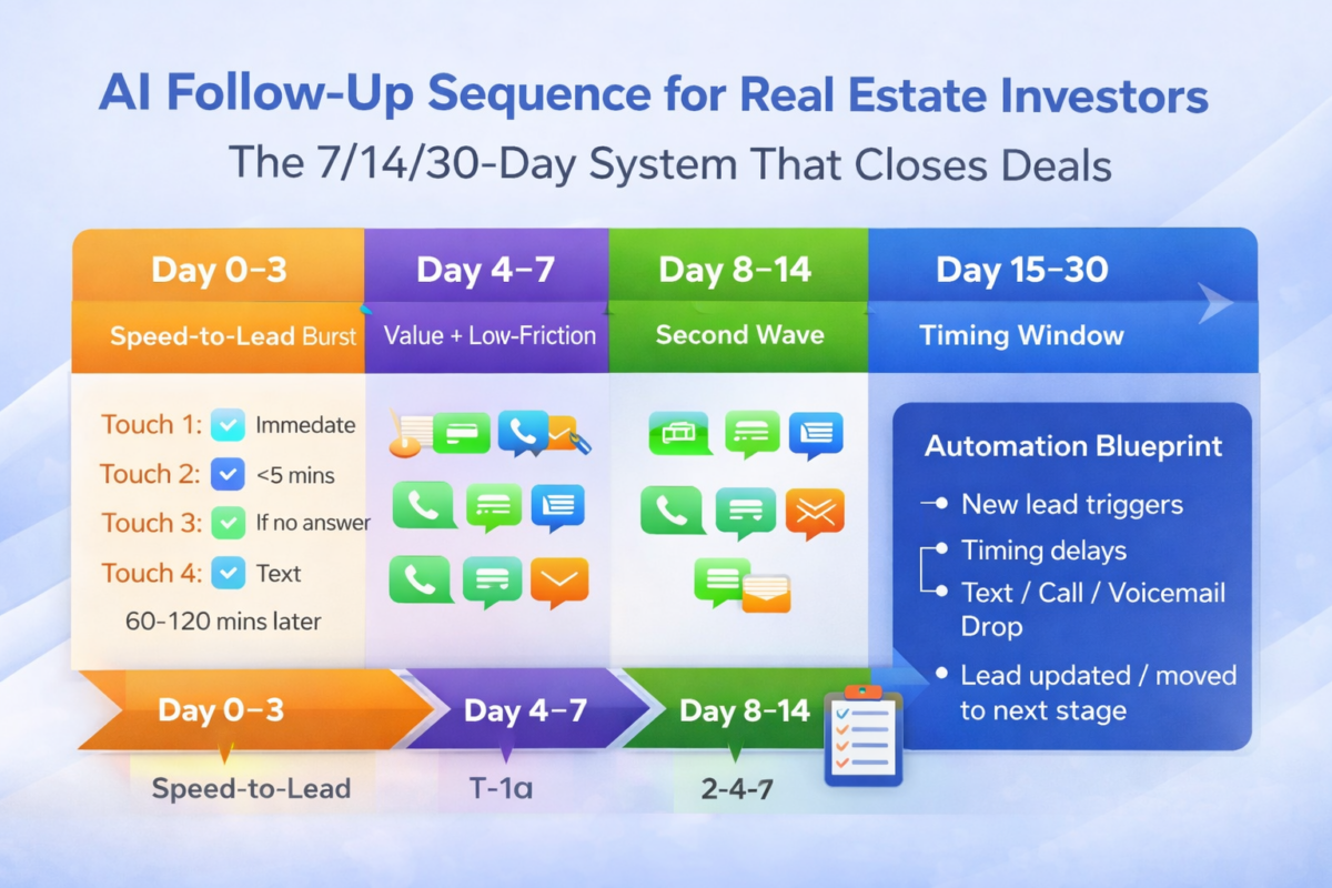 AI follow-up sequence for real estate investors showing a 7/14/30-day timeline and automation blueprint (2026).
