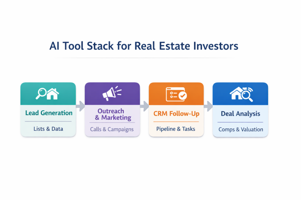 AI tool stack for real estate investors: lead generation, outreach, CRM follow-up, and deal analysis