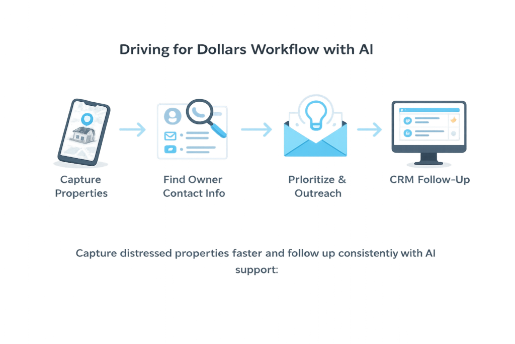 Driving for Dollars Workflow with AI Driving for dollars workflow for real estate investors: capture properties, find owner contact info, prioritize outreach, and CRM follow-up