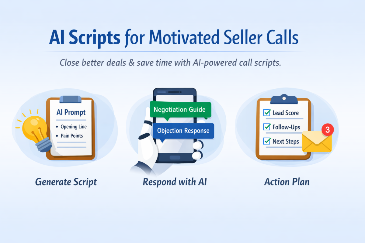 AI scripts for motivated seller calls showing real estate outreach call and text templates on a laptop and phone